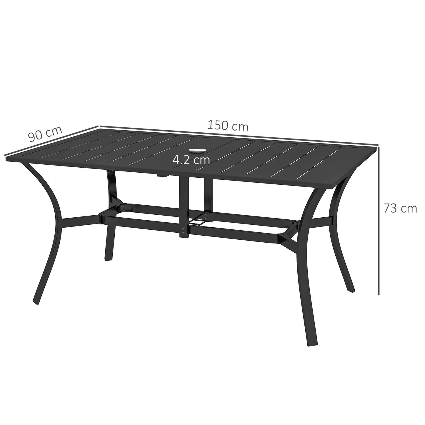 Prostokątny stół ogrodowy Outsunny z otworem na parasol, stół tarasowy ze stalową ramą i blatem z listew, 150 cm x 90 cm, czarny
