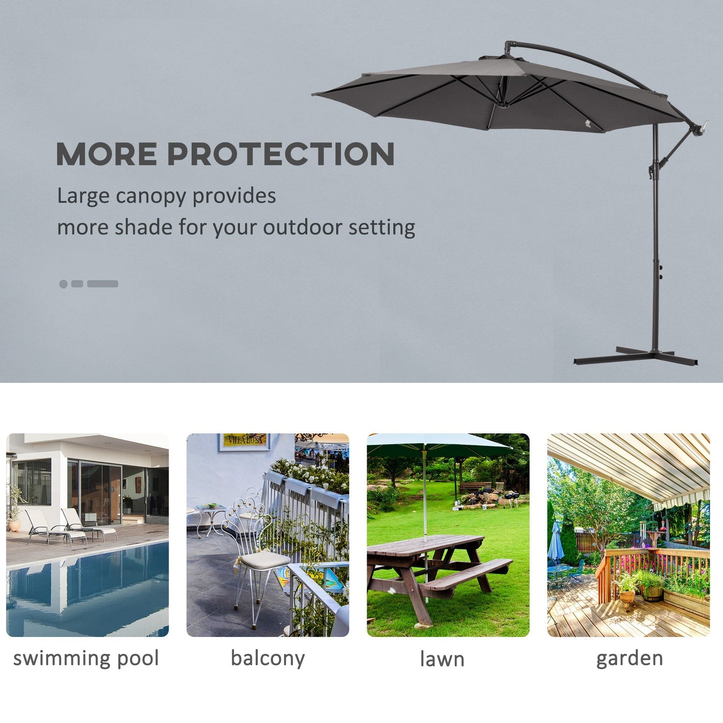 Outsunny 3(m) Garden Banana Parasol Hanging Cantilever Umbrella with Crank Handle, 8 Ribs and Cross Base for Outdoor, Sun Shade, Grey