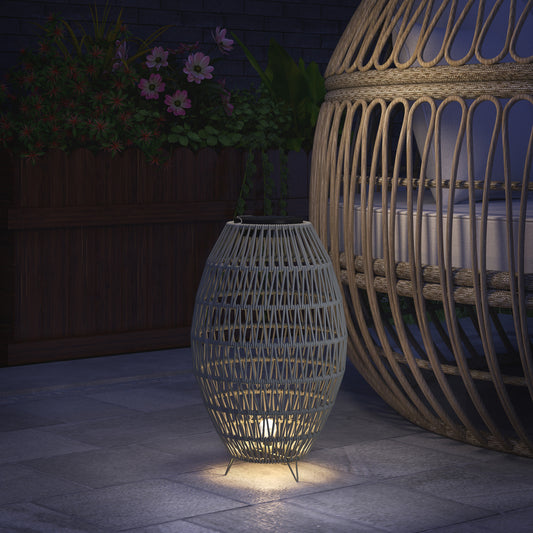 Lampa solarna Outsunny Rattan, ogrodowa lampa solarna z automatycznym włączaniem/wyłączaniem, wodoodporna IP44, dekoracyjna lampa zewnętrzna z rattanu na werandę i ścieżkę, szara