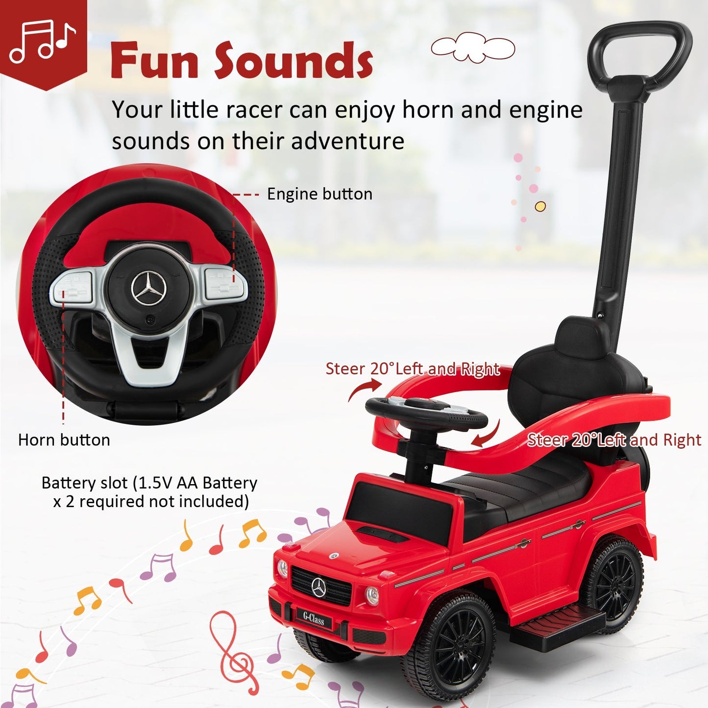 3-In-1 Ride on Push Car Mercedes Benz G350 Stroller Sliding Car with Canopy-Red