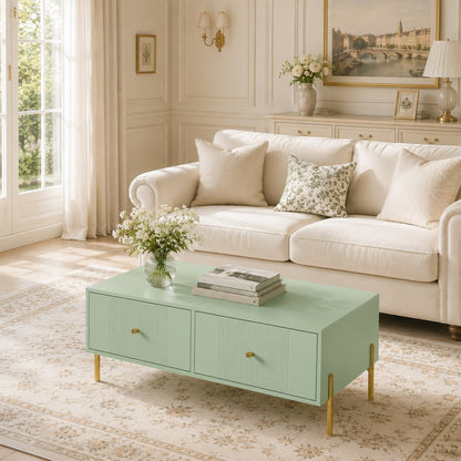 HOMCOM Modern Coffee Table, Living Room Table with Storage, 2 Drawers and Metal legs for Bedroom, Light Green