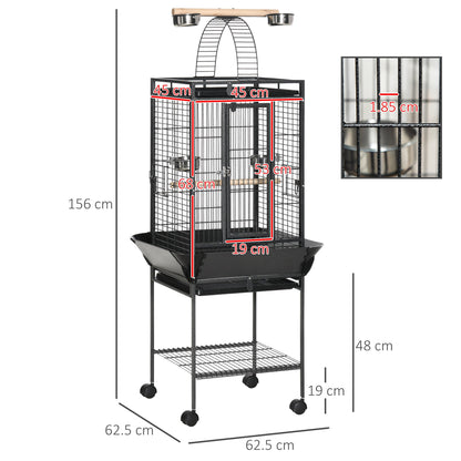 PawHut 156cm Bird Cage,Large Parrot Cage with Open Play Top, Perch, Seed Guard, Wheels, Storage Shelf, Dark Grey