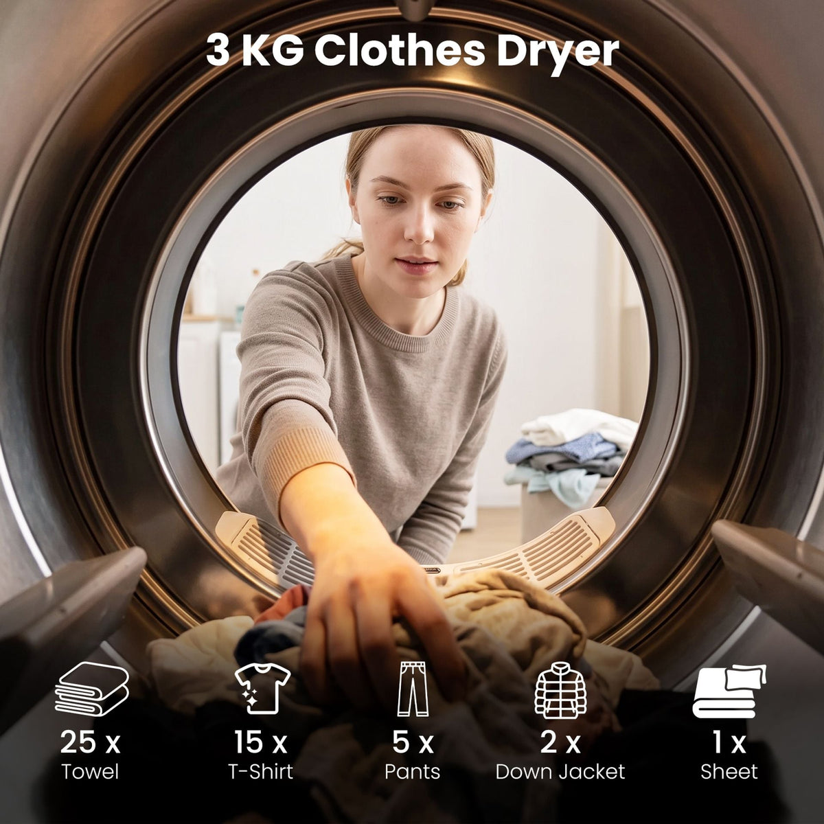 3KG Portable Clothes Dryer with 8 Drying Modes and Stainless Steel Drum for Apartment-White