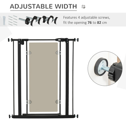 PawHut Pressure Fit Pet Safety Gate, Auto-Close Dog Barrier Stairgate, Double Locking, Acrylic Panel, for Doors, Hallways, Staircases, Openings 76-82 cm, Black Pressure-Mounted Adjustable