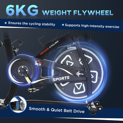 HOMCOM Indoor Stacjonarny rower treningowy 6 kg Flywheel Fitness Cardio Workout Bke Trainer do domowej siłowni z regulowanym oporem Monitor LCD Pad i uchwyt na butelkę Czarny