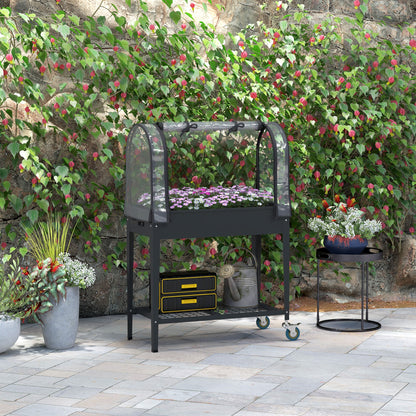 Outsunny Raised Planter with Greenhouse Cover, Mobile Elevated Garden Bed with Wheels and Bottom Shelf for Vegetables, Dark Grey