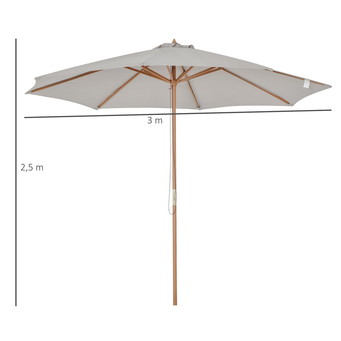 Outsunny 3m Fir Wooden Garden Parasol Bamboo Sun Shade Patio Outdoor Umbrella Canopy, Grey