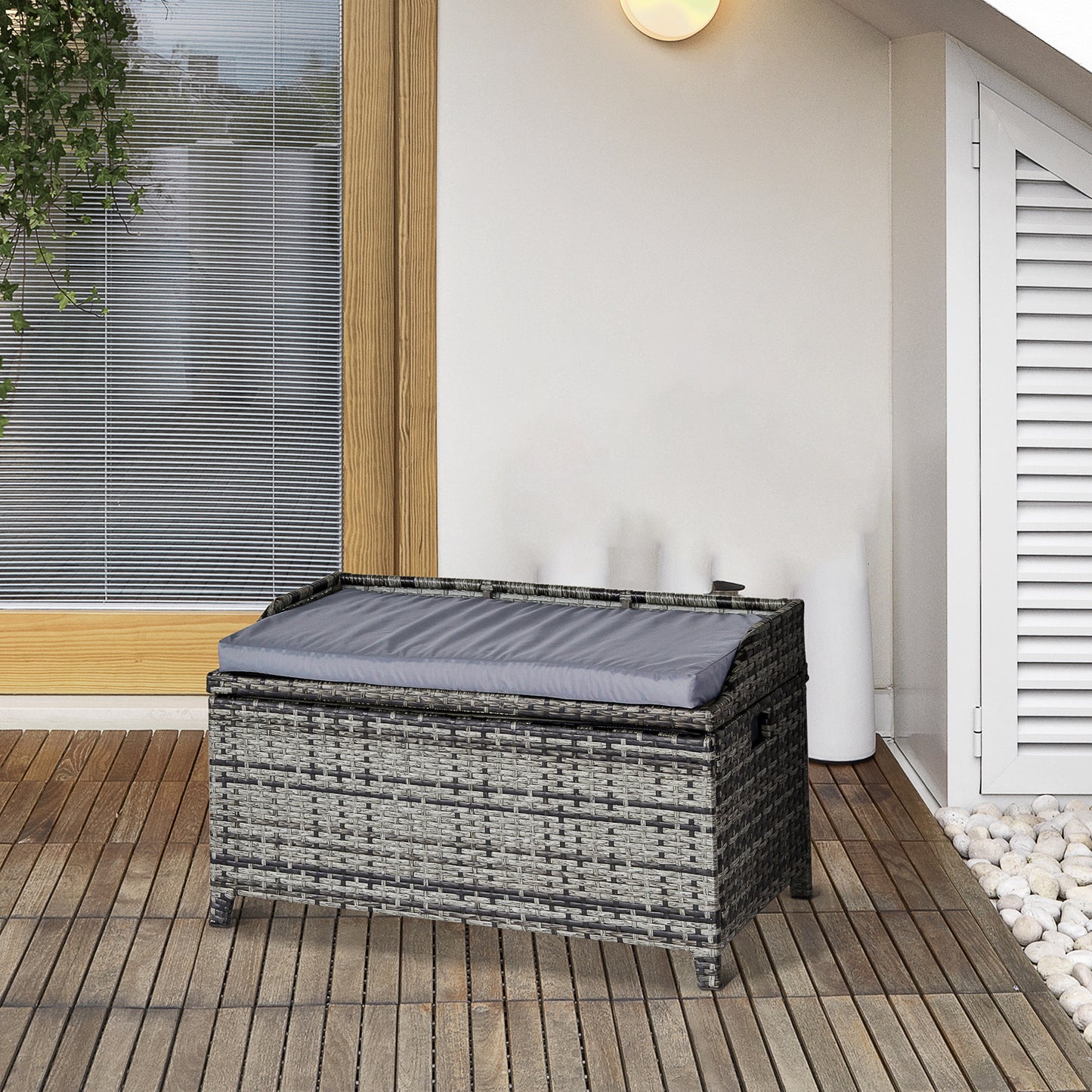 Skrzynia ogrodowa Outsunny 130 l Rattan z siedziskiem - mieszany szary