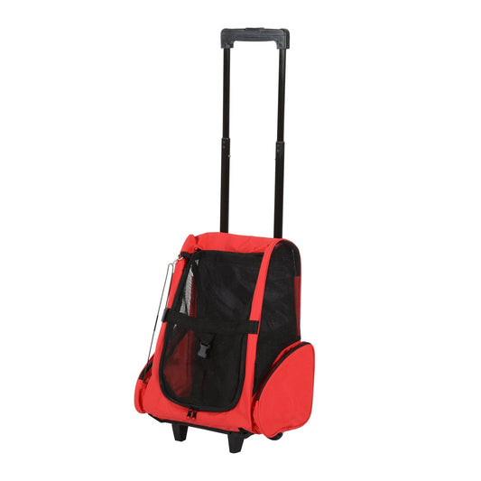 PawHut Pet Travel Backpack Bag Cat Puppy Dog Carrier w/ Trolley and Telescopic Handle Portable Stroller Wheel Luggage Bag (Red)