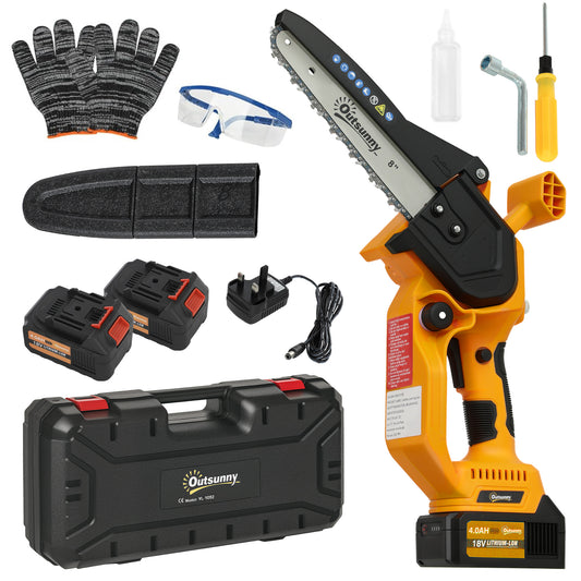 Outsunny 8 Inch Electric Chainsaw, Cordless Mini Chain Saw with Brushless Motor, 2 x 4000mAh Batteries and Safety Lock, Handheld Portable Wood Pruning Saw for Trimming Cutting, Orange
