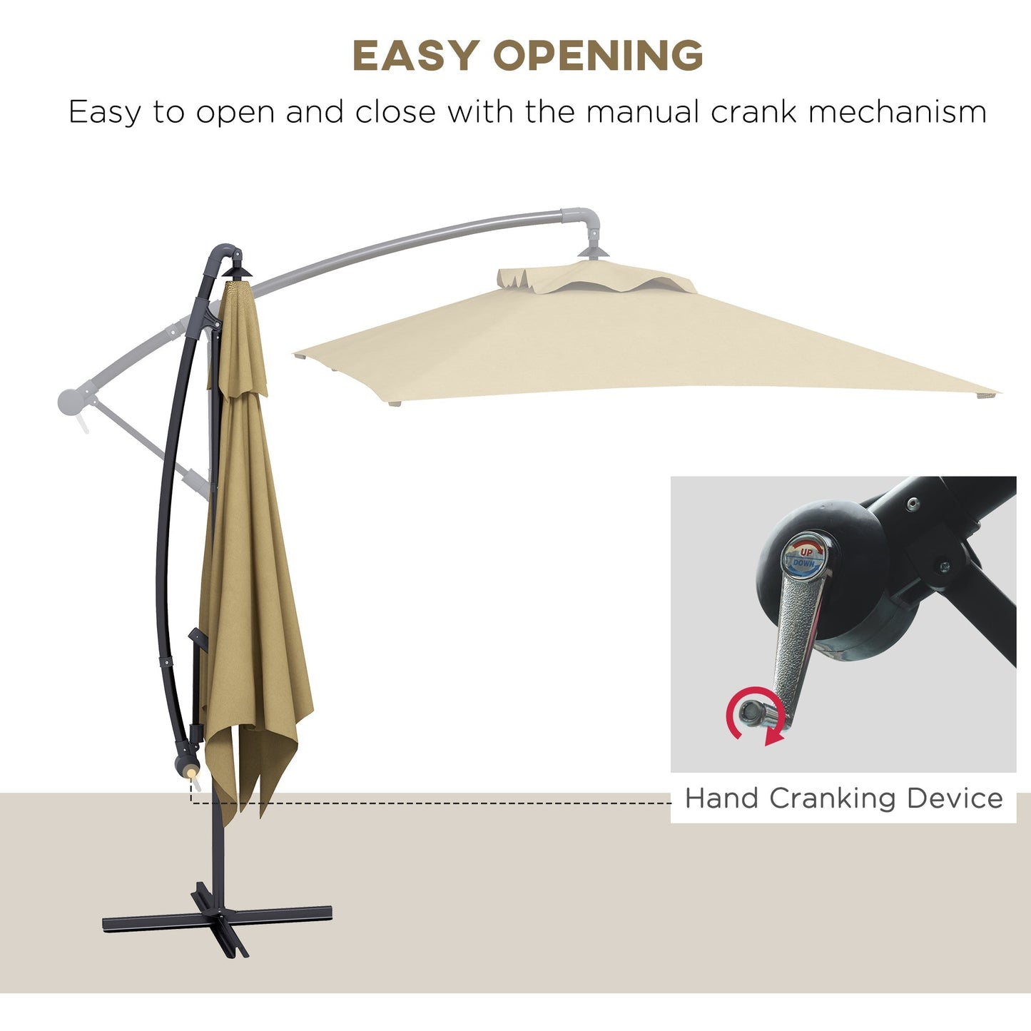 3x2m Cantilever Banana Parasol With Cross Base With Crank Handle and 6 Ribs, Rectangular Patio Umbrella For Outdoor Pool, Garden - Brown