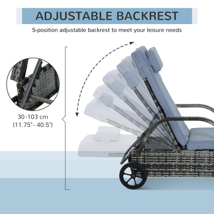 أثاث Outsunny Garden Rattan أثاث فردي للتشمس كرسي سرير مستلق كرسي فناء خارجي منسوج من الخيزران مسند رأس قابل للتعديل - رمادي