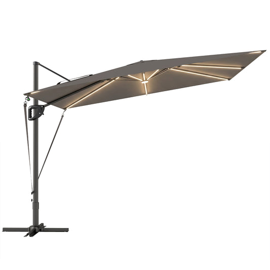 Outsunny 3 x 3 m Garden Cantilever Parasol w/ Light, Cover, UPF50+ Patio Umbrella w/ Wind Protection, 360Â° Rotation, Dark Grey