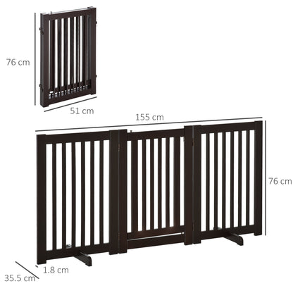 PawHut Pet Gate Freestanding Dog Gate For Stairs Wood Doorway Safety Pet Barrier Fence Foldable w/ Latch Support Feet Deep Brown, 155 x 76 cm