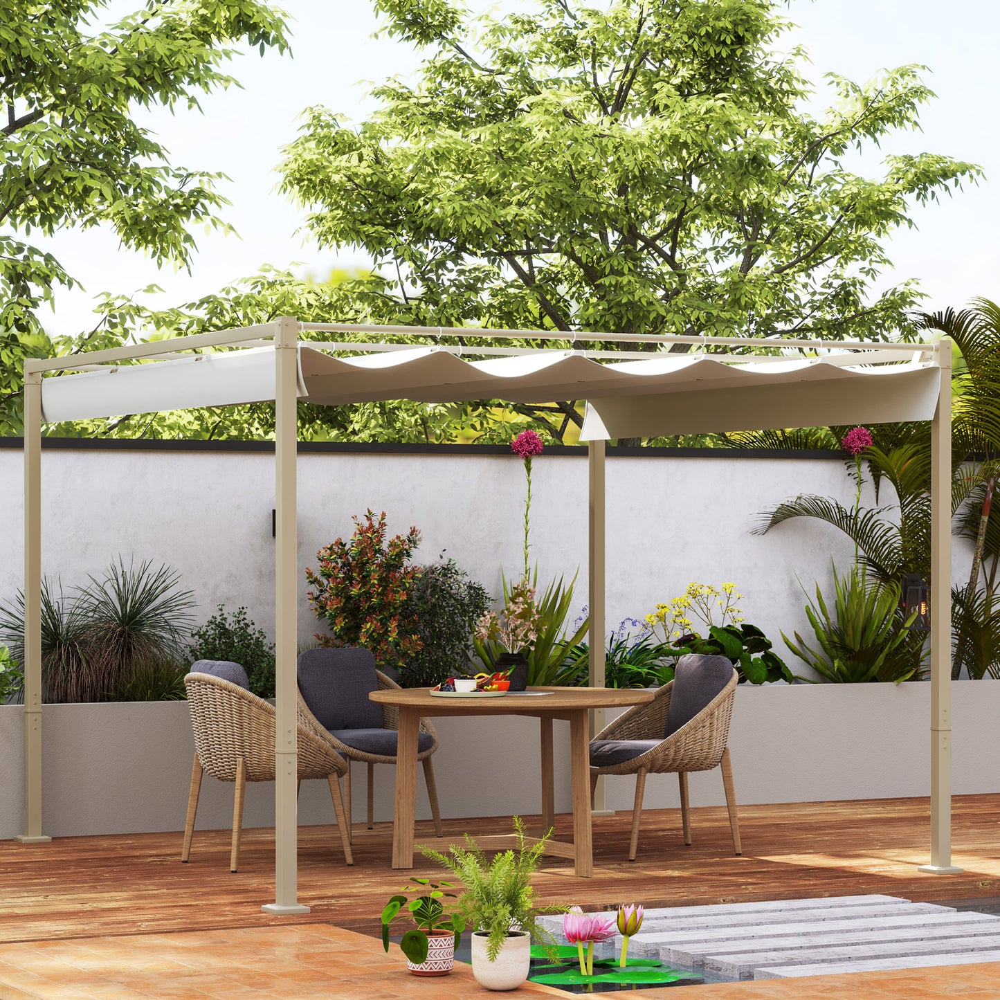 Outsunny 3 x 3(m) Pergola ogrodowa z rozsuwanym dachem i magnetycznym mocowaniem, zestaw pergoli zewnętrznej z baldachimem przeciwsłonecznym, UPF30+, khaki