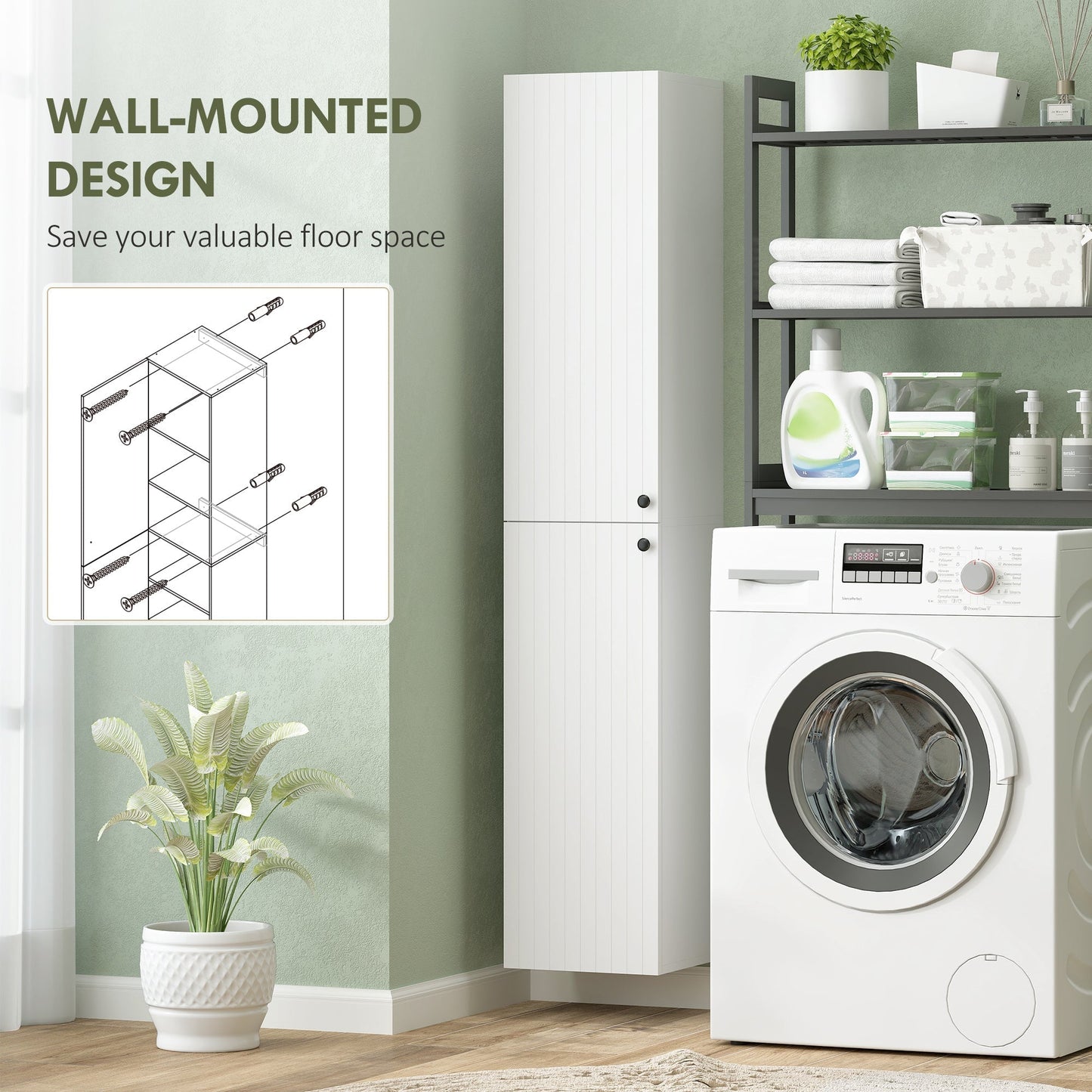 HOMCOM Wall Mounted Tall Bathroom Storage Cabinet with Soft-Close Hinges, Slim Bathroom Cabinet with 2 Doors, White