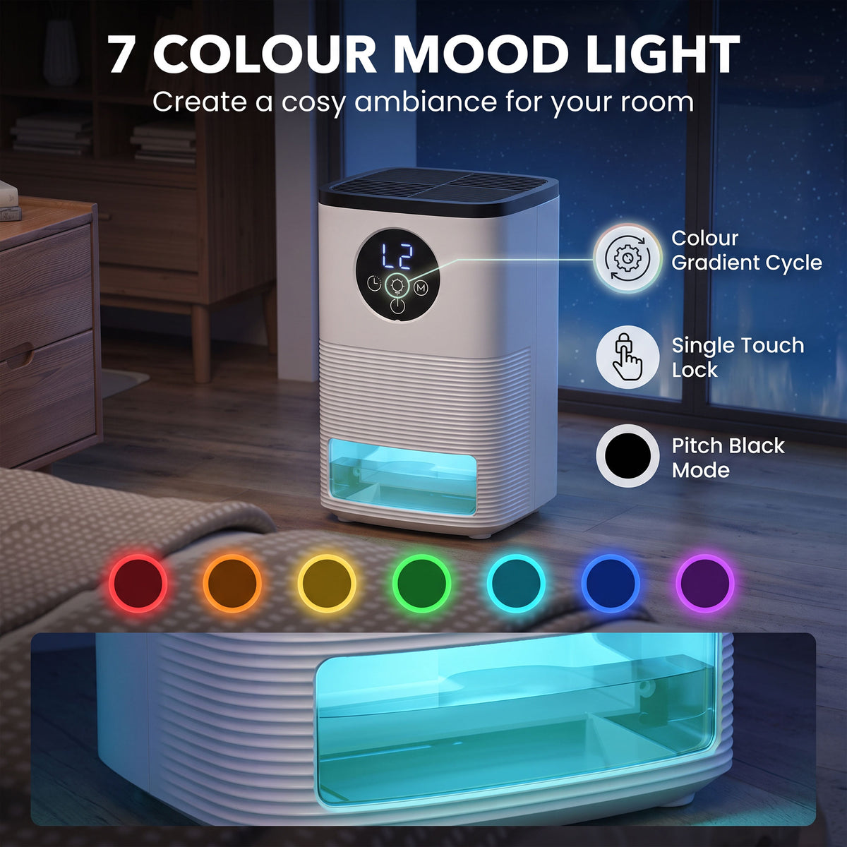HOMCOM 300mL/Day Small Dehumidifier, RGB Mood Lights, Continuous Drainage, 24H Timer, LED Display, Dehumidifier for Home Damp