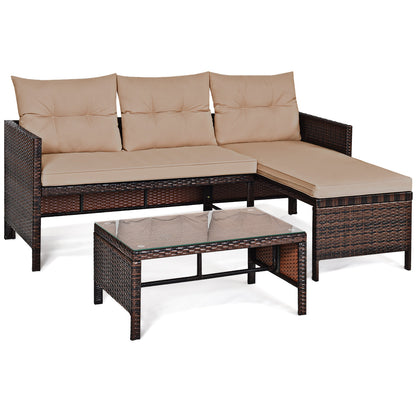 3 Pieces Patio Conversation Bistro Set with Washable Couch Cushion-Brown