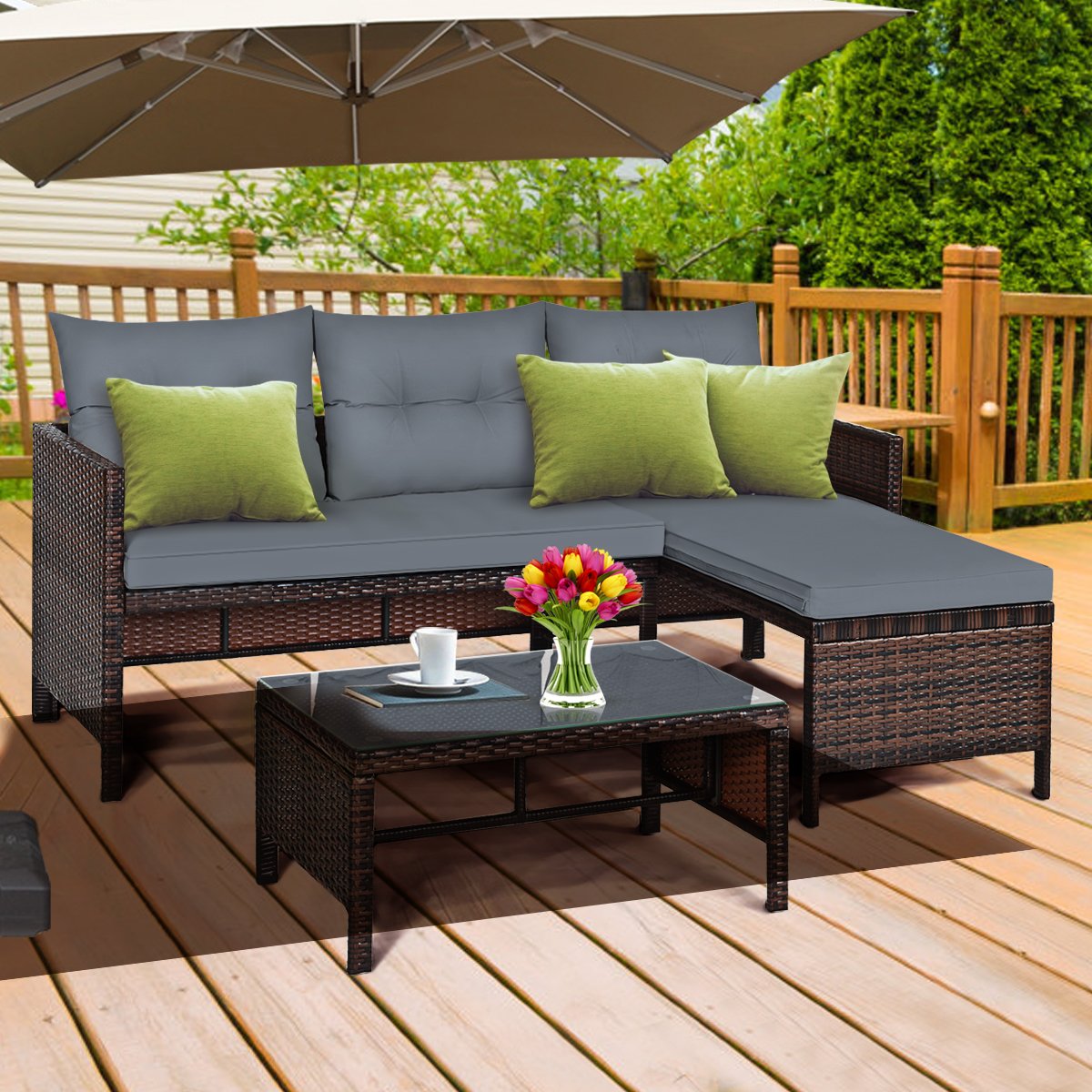 3 Pieces Patio Conversation Bistro Set with Washable Couch Cushion-Grey