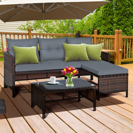 3 Pieces Patio Conversation Bistro Set with Washable Couch Cushion-Grey