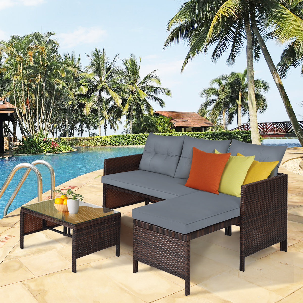 3 Pieces Patio Conversation Bistro Set with Washable Couch Cushion-Grey