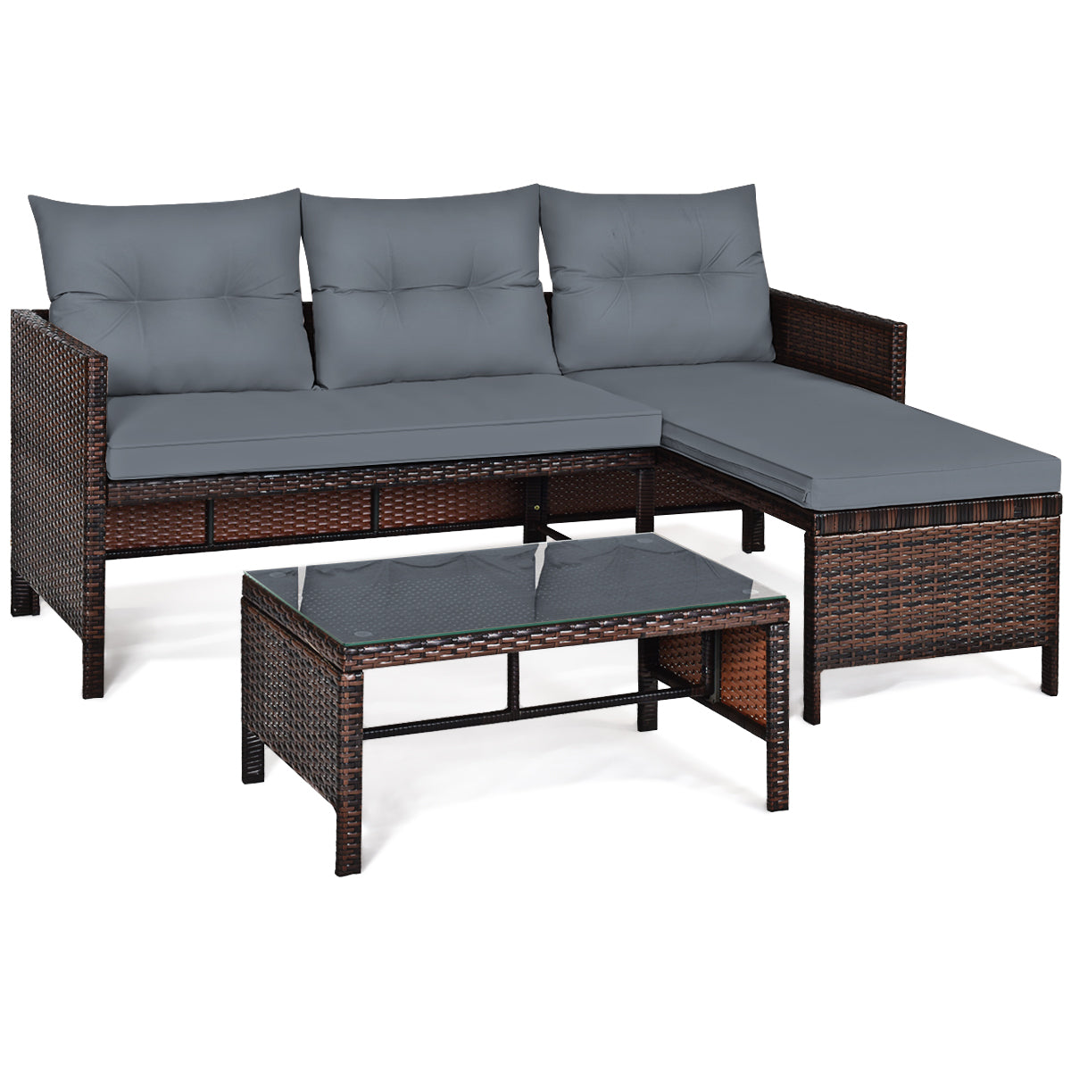 3 Pieces Patio Conversation Bistro Set with Washable Couch Cushion-Grey