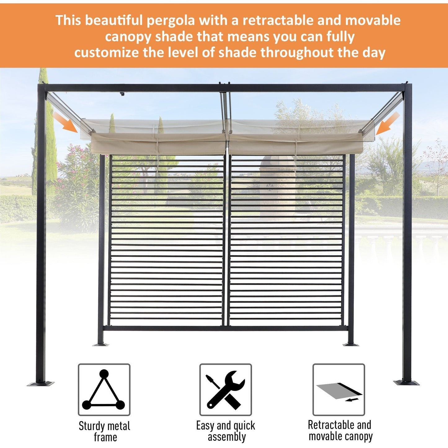 2.8m x 3m Retractable Metal Frame Outdoor Garden Pergola Beige