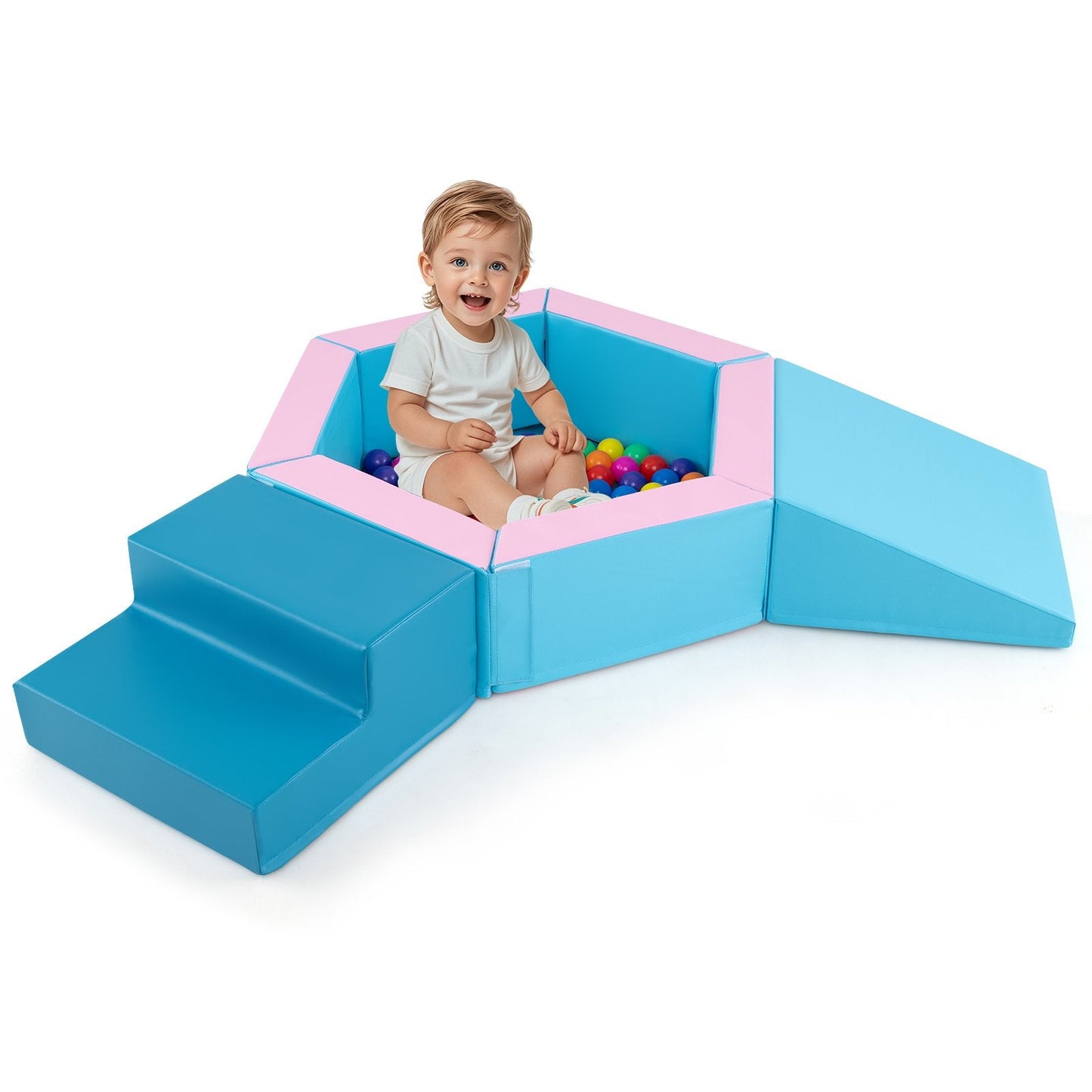 3-Piece Baby Foam Climbing Blocks Set with Ball Pit and Balls-Blue