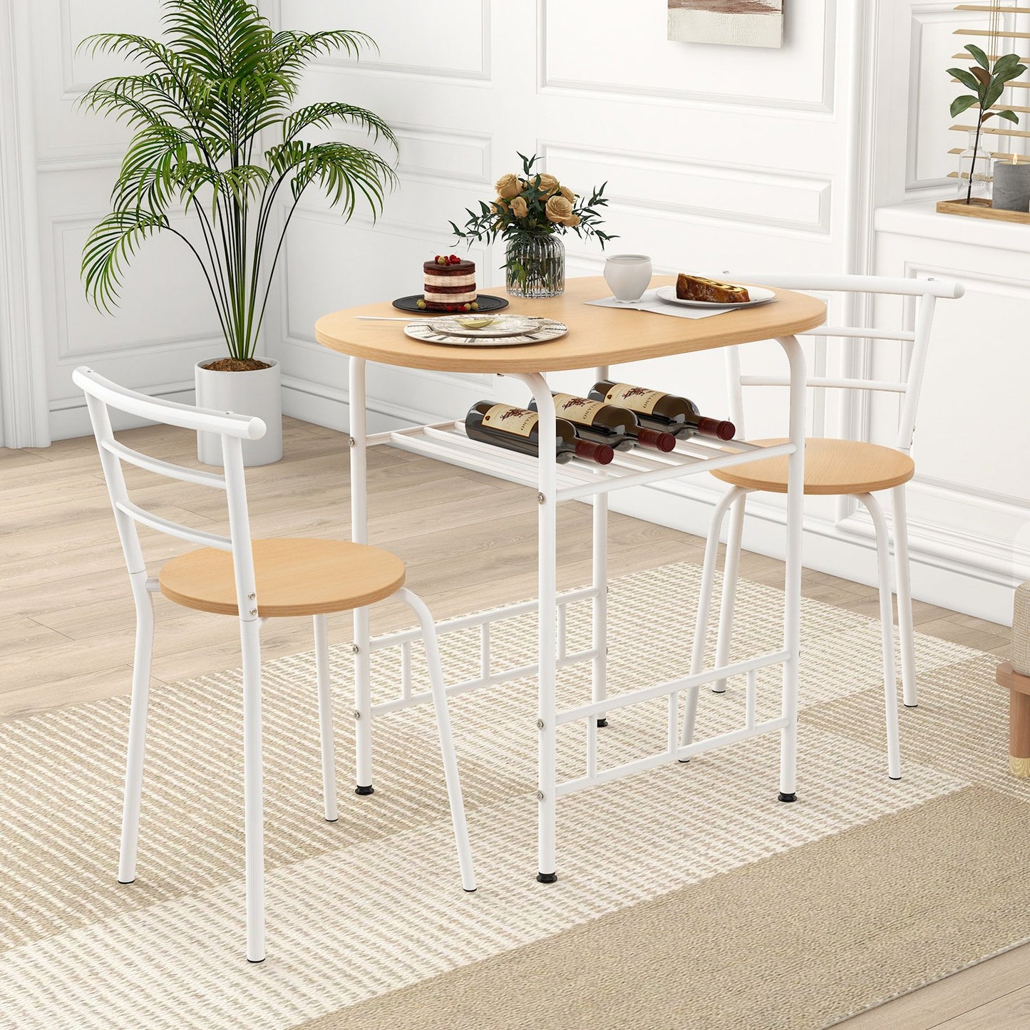 3-Piece Dining Table Set with Extra Wine Rack and Metal Frame-Natural & White