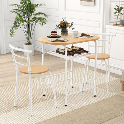 3-Piece Dining Table Set with Extra Wine Rack and Metal Frame-Natural & White