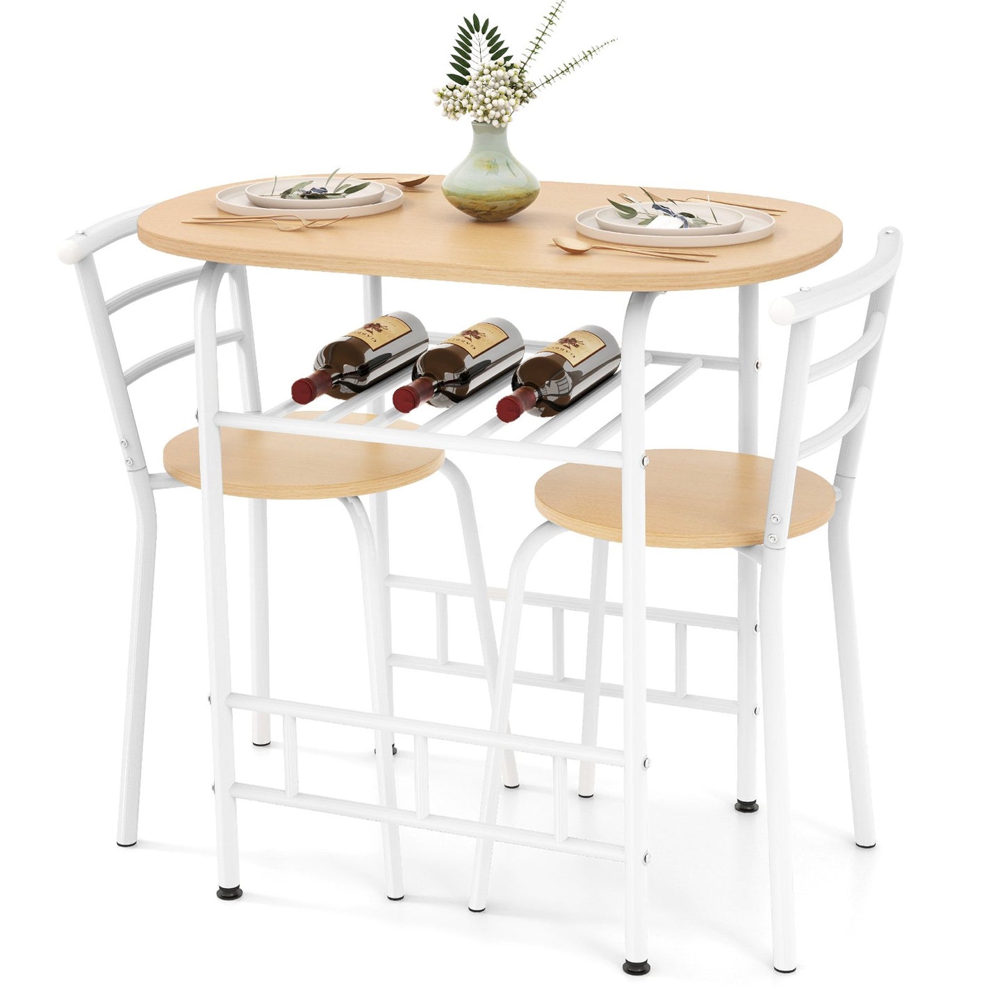 3-Piece Dining Table Set with Extra Wine Rack and Metal Frame-Natural & White