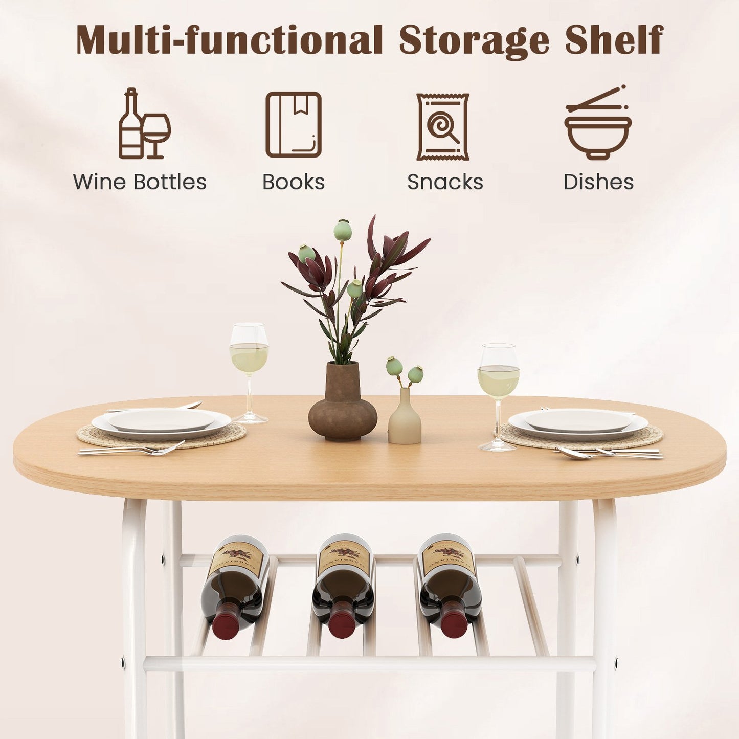3-Piece Dining Table Set with Extra Wine Rack and Metal Frame-Natural & White