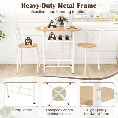 3-Piece Dining Table Set with Extra Wine Rack and Metal Frame-Natural & White