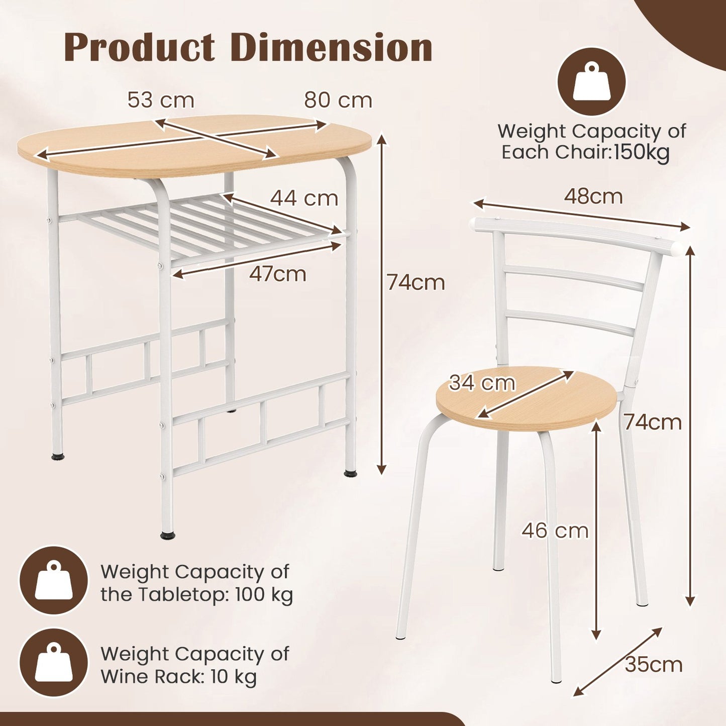 3-Piece Dining Table Set with Extra Wine Rack and Metal Frame-Natural & White