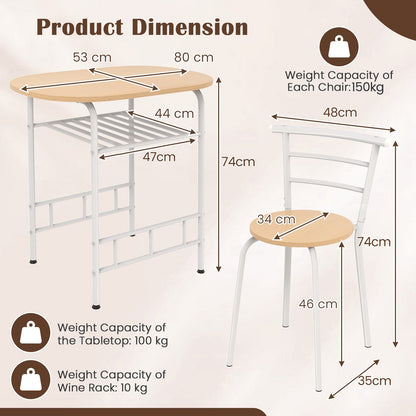 3-Piece Dining Table Set with Extra Wine Rack and Metal Frame-Natural & White
