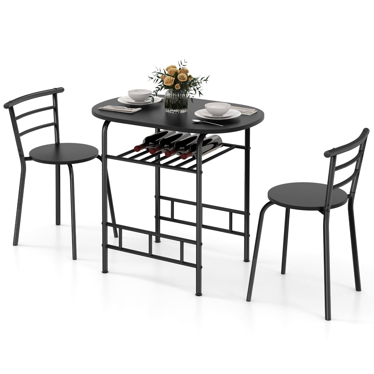 3-Piece Dining Table Set with Extra Wine Rack and Metal Frame-Black