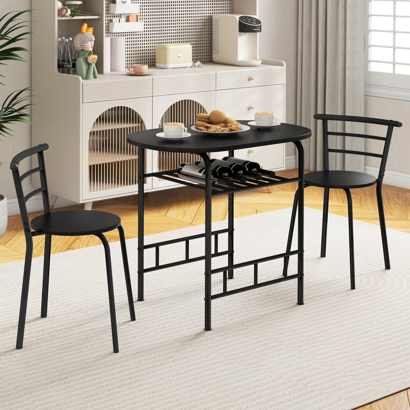 3-Piece Dining Table Set with Extra Wine Rack and Metal Frame-Black