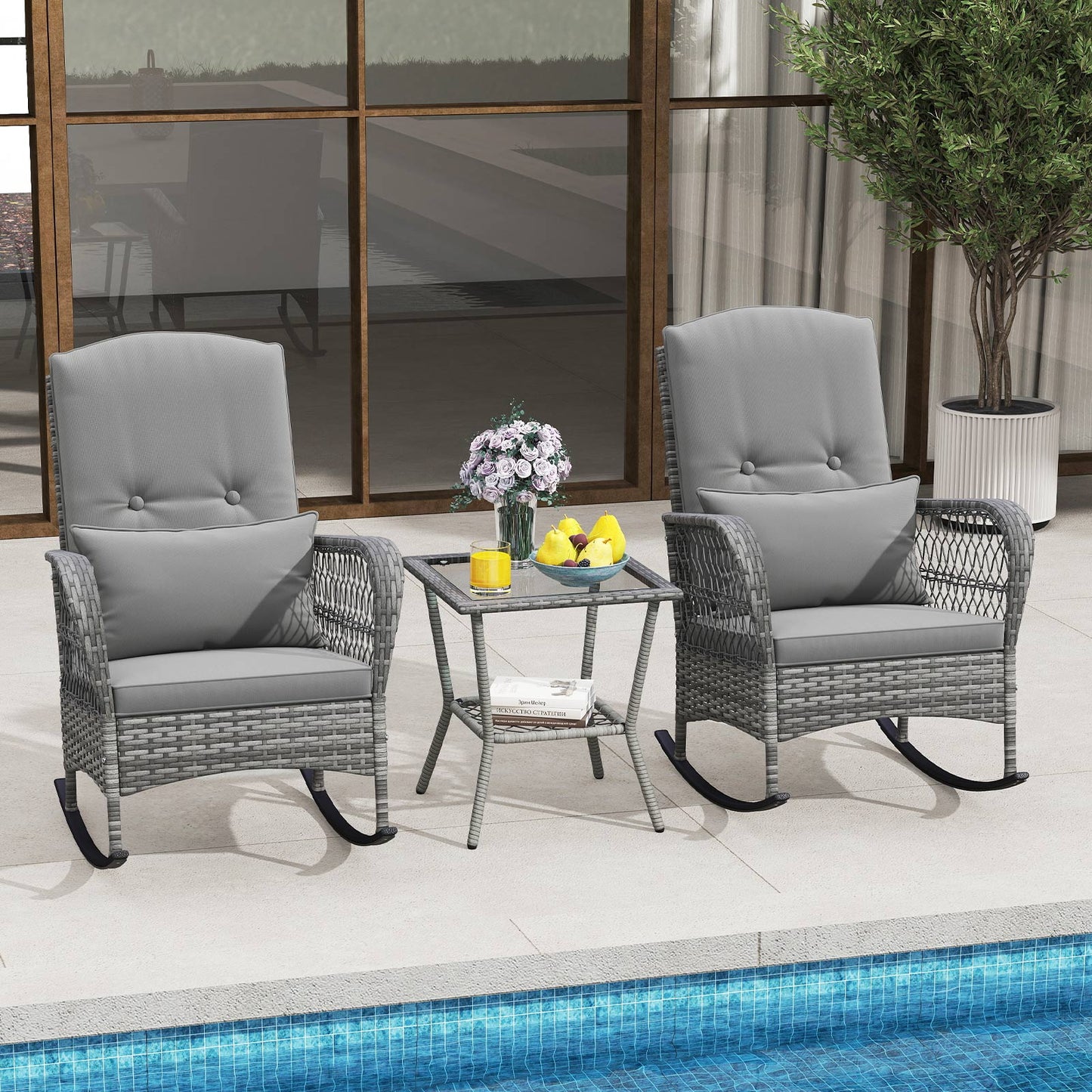 3 Piece Outdoor Rocking Chair Set with Cozy Cushions and Pillow-Grey