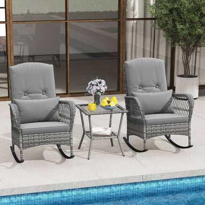 3 Piece Outdoor Rocking Chair Set with Cozy Cushions and Pillow-Grey