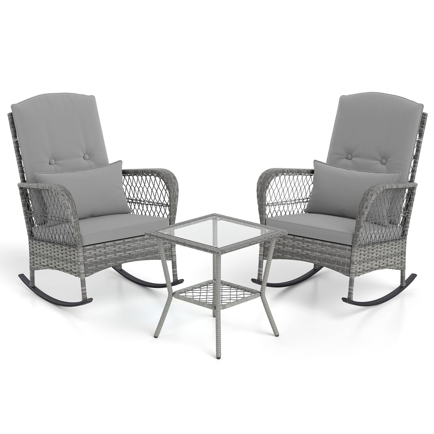 3 Piece Outdoor Rocking Chair Set with Cozy Cushions and Pillow-Grey