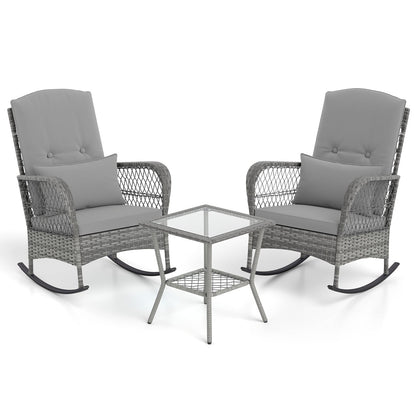 3 Piece Outdoor Rocking Chair Set with Cozy Cushions and Pillow-Grey