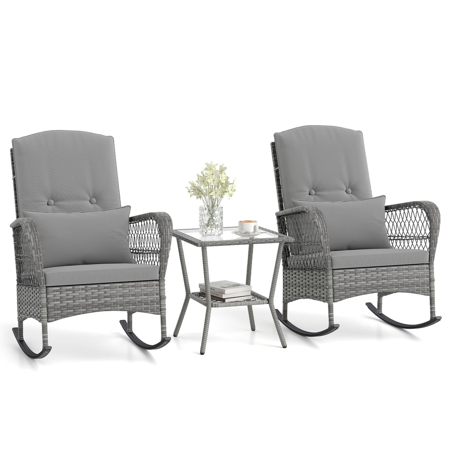 3 Piece Outdoor Rocking Chair Set with Cozy Cushions and Pillow-Grey