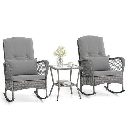 3 Piece Outdoor Rocking Chair Set with Cozy Cushions and Pillow-Grey