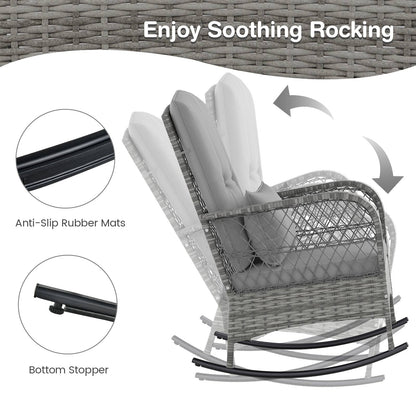3 Piece Outdoor Rocking Chair Set with Cozy Cushions and Pillow-Grey