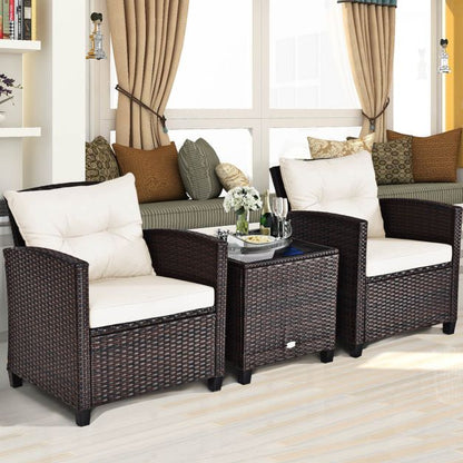 3 Pcs Patio Rattan Furniture Set Cushioned Conversation Set Coffee Table-White
