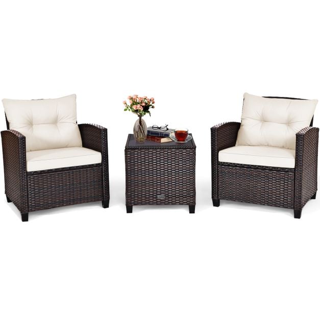 3 Pcs Patio Rattan Furniture Set Cushioned Conversation Set Coffee Table-White