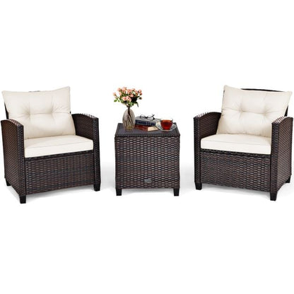 3 Pcs Patio Rattan Furniture Set Cushioned Conversation Set Coffee Table-White