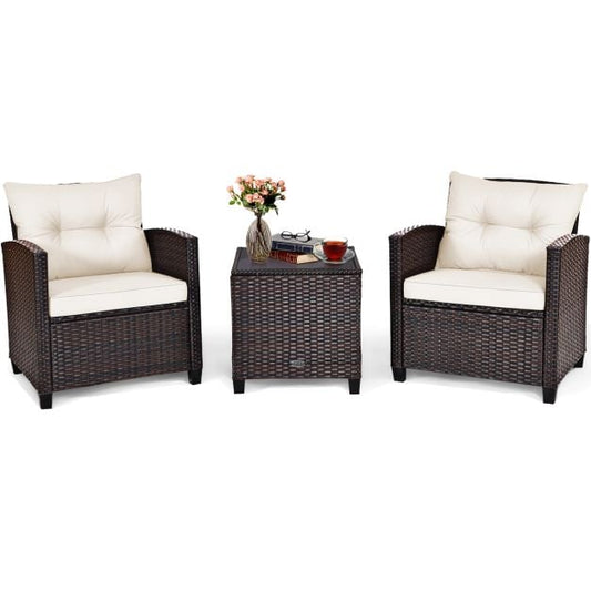 3 Pcs Patio Rattan Furniture Set Cushioned Conversation Set Coffee Table-White