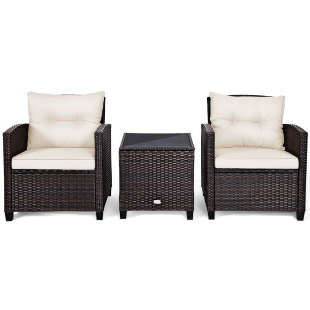 3 Pcs Patio Rattan Furniture Set Cushioned Conversation Set Coffee Table-White