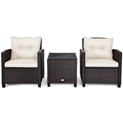 3 Pcs Patio Rattan Furniture Set Cushioned Conversation Set Coffee Table-White